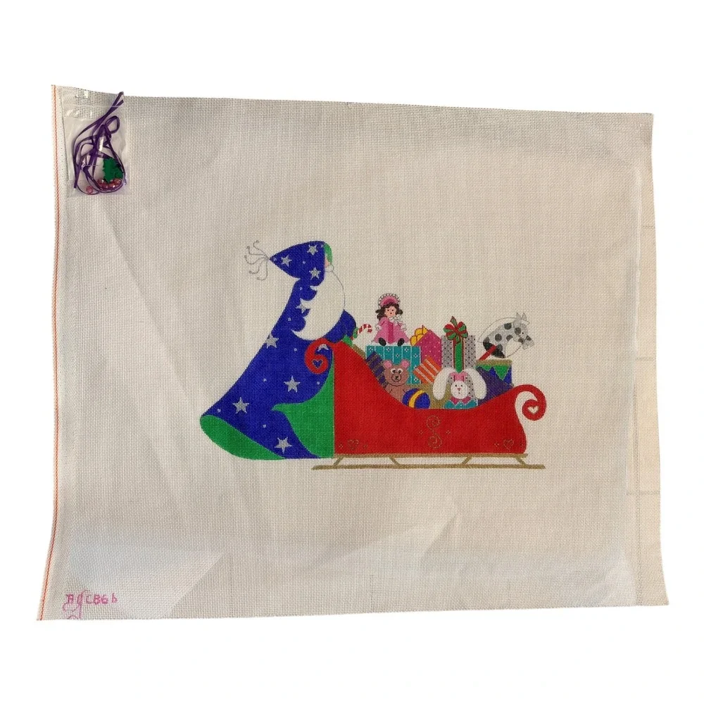 Vintage Santa Sleigh Toys Hand Painted Needlepoint Canvas 9x13 Embellishments